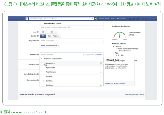 페이스북의 비즈니스 플랫폼을 통한 특정 소비자군(Audience)에 대한 광고 페이지 노출 설정
