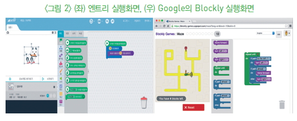 그림 2-(좌)엔트리 실행화면, (우)Google의 Blockly 실행화면
