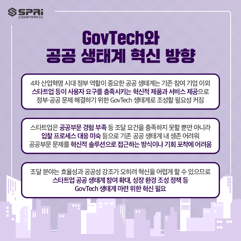 GovTech와 공공 생태계 혁신 방향
o 4차 산업혁명 시대 정부 역할이 중요한 공공 생태계는 기존 참여 기업 이외 스타트업 등이 사용자 요구를 충족시키는

혁신적 제품과 서비스 제공으로 정부·공공 문제 해결하기 위한 GovTech 생태계로 조성할 필요성 커짐

o 스타트업은 공공부문 경험 부족 등 조달 요건을 충족하지 못할 뿐만 아니라 입찰 프로세스 대응 미숙 등으로

기존 공공 생태계 내 생존 어려워 GovTech에서 공공부문 문제를 혁신적 솔루션으로 접근하는 방식이나 기회 포착에 어려움

o 조달 분야는 효율성과 공공성 강조가 오히려 혁신을 어렵게 할 수 있으므로 스타트업 공공 생태계 참여 확대,

성장 환경 조성 정책 등 GovTech 생태계 마련 위한 혁신 필요