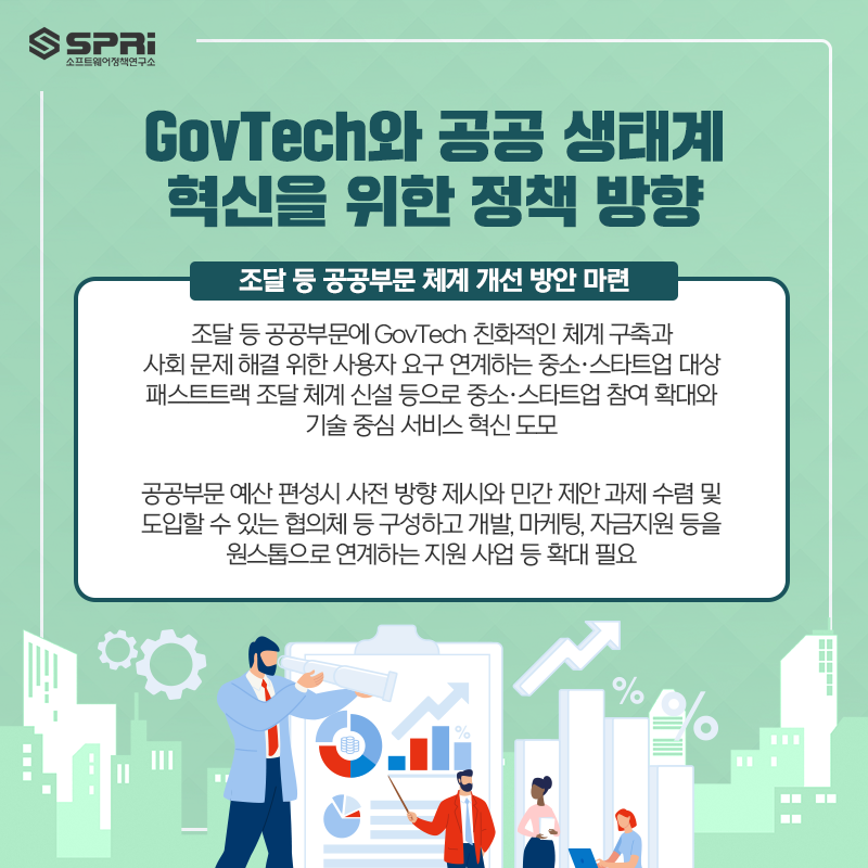 GovTech와 공공 생태계
혁신을 위한 정책 방향

③ 조달 등 공공부문 체계 개선 방안 마련

o 조달 등 공공부문에 GovTech 친화적인 체계 구축과 사회 문제 해결 위한

사용자 요구 연계하는 중소·스타트업 대상 패스트트랙 조달 체계 신설 등으로

중소·스타트업 참여 확대와 기술 중심 서비스 혁신 도모

o 공공부문 예산 편성시 사전 방향 제시와 민간 제안 과제 수렴 및 도입할 수 있는

협의체 등 구성하고 개발, 마케팅, 자금지원 등을 원스톱으로 연계하는 지원 사업 등 확대 필요