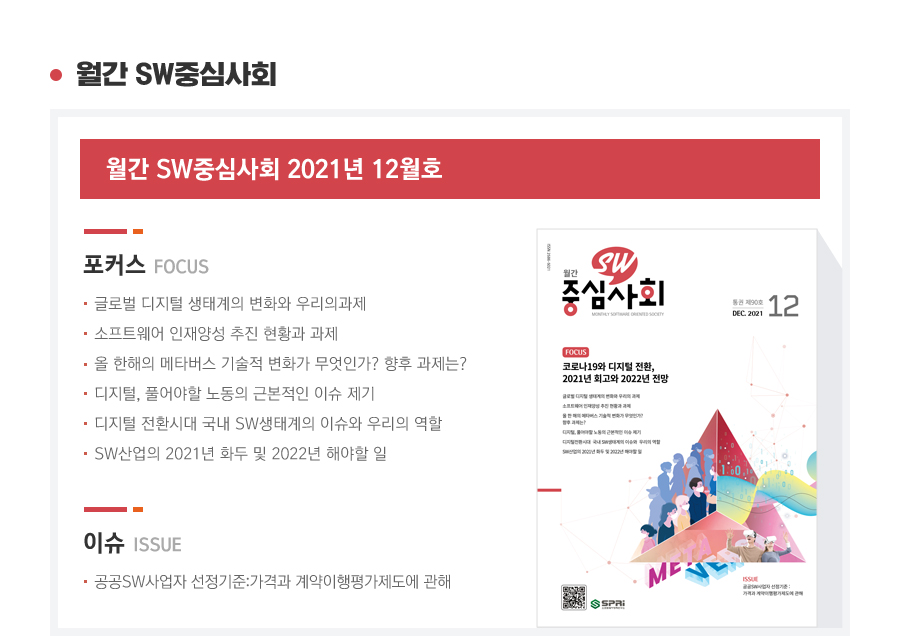 월간 SW중심사회 2021년 12월호

포커스
1. 글로벌 디지털 생태계의 변화와 우리의 과제
2. 소프트웨어 인재양성 추진 현황과 과제
3. 올 한해의 메타버스 기술적 변화가 무엇인가? 향후 과제는?
4. 디지털, 풀어야할 노동의 근본적인 이슈 제기
5. 디지털 전환시대 국내 SW생태계의 이슈와 우리의 역활
6. SW산업의 2021년 화두 및 2022년 해야할 일

이슈
1. 공공 SW사업자 선정기준:가격과 계약이행평가제도에 관해