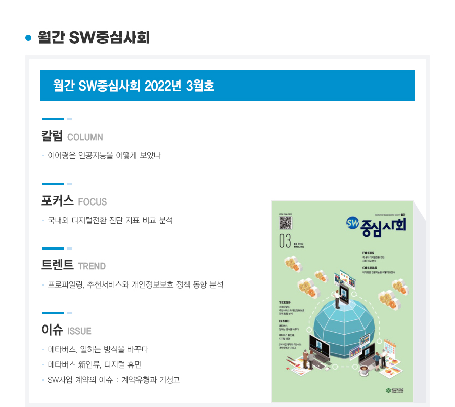 월간 SW중심사회 2022년 3월호. 칼럼. 1. 이어령은 인공지능을 어떻게 보았나. 포커스. 1. 국내외 디지털전환 진단 지표 비교 분석. 트랜드. 1. 프로파일링, 추천서비스와 개인정보보호 정책 동향 분석. 이슈. 1. 메타버스, 일하는 당신을 바꾼다. 2. 메타버스 신인규, 디지털 휴먼. 3. SW사업 계약의 이슈 : 계약유형과 기성고. 