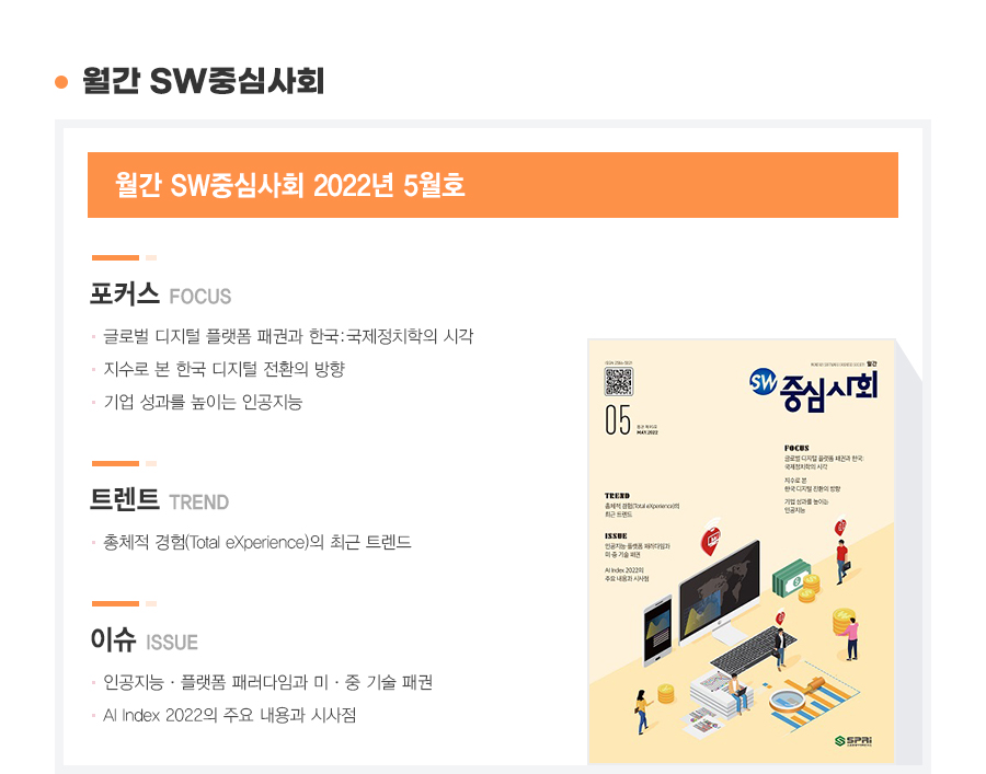 월간 SW중심사회 2022년 5월호. 포커스 .1. 글로벌 디지털 플랫폼 패권과 한국:국제정치학의 시각. 2. 지수로 본 한국 디지털 전환의 방향. 3. 기업 성과를 높이는 인공지능. 트랜드. 1. 총체적 경험(total eXperience)의 최근 트랜드. 이슈. 1. 인공지능과 플랫폼 패러다임과 미국중국 기술 패권. 2. AI Index 2022의 주요 내용과 시사점