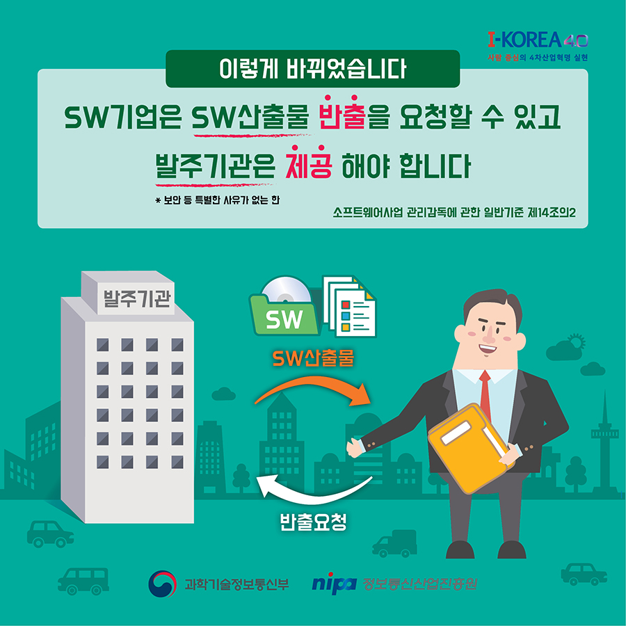 SW기업은 SW산출물 반출을 요청할 수 있고, 발주기관은 제공해야 합니다.