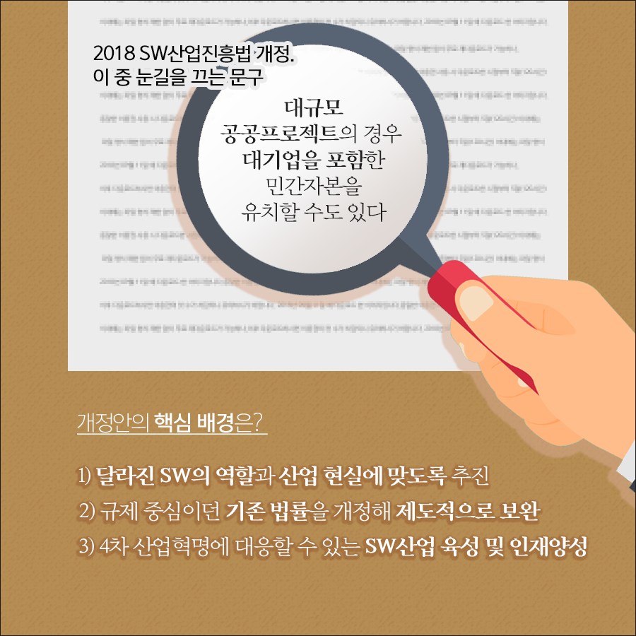 2018년 SW산업진흥법 개정으로 대규모 공공프로젝트의 경우, 대기업을 포함한 민간자본을 유치할 수도 있다. 