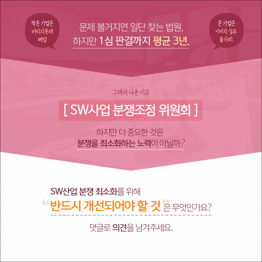 SW산업 분쟁 최소화를 위해 반드시 개선되어야 할 것이 무엇인지 의견 남겨주세요. 