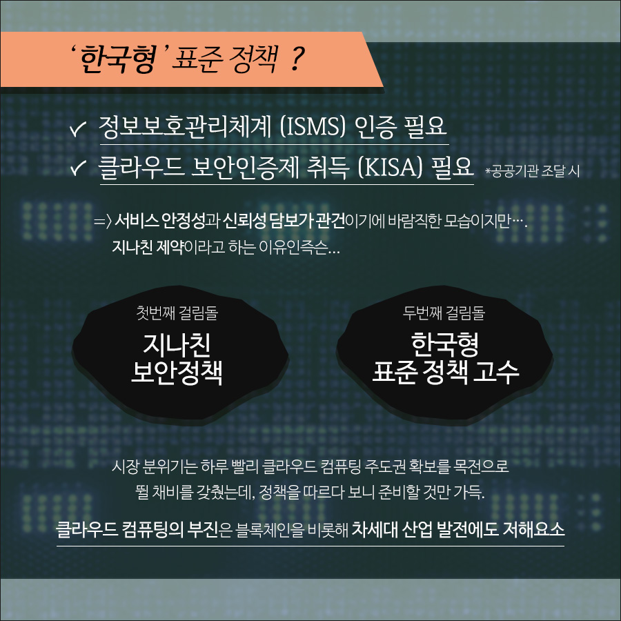 한국형 클라우드 표준 정책은 정보보호관리체계 인증 획득, 한국인터넷진흥원의 클라우드 보안인증제 취득에 있다. 이는 서비스 안정성과 신뢰성에 바람직하나 지나친 보안정책으로 인해 클라우드 컴퓨팅 산업의 발전저해요소로 평가받고 있다