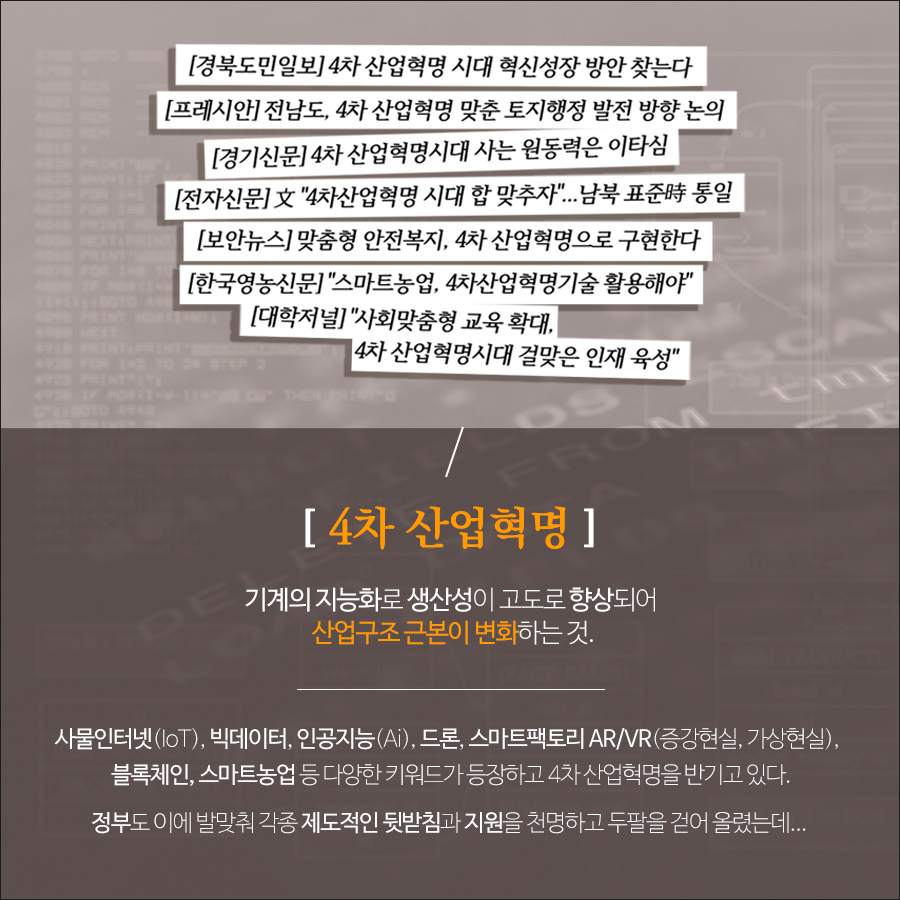 4차 산업혁명 이란 기계의 지능화로 생산성이 고도로 향상되어 산업구조 근본이 변화하는 것이다. 사물인터넷, 빅데이터, 인공지능, 드론, 스마트팩토리, 증강현실, 가상현실, 블록체인, 스마트팜 등 다양한 키워드가 등장하고 4차 산업혁명을 반기도 있다. 정부도 이에 발맞춰 각종 제도적인 뒷받침과 지원을 천명하고 sw개발자 양성에 두 팔을 걷어 올렸다. 