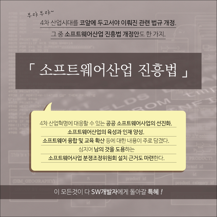 4차 산업시대를 앞두고 이뤄진 관련 법규 대대적인 개정 중 소프트웨어산업 진흥법 개정안도 한 가지이다. 소프트웨어산업 진흥법 개정안의 내용은 공공 SW사업의 선진화, SW산업의 육성과 인재 양성, SW 융합 및 교육 확산 등에 대한 내용이 주로 담겼다. 이 모든 것이 SW개발자에게 돌아갈 특혜과 연관있다.