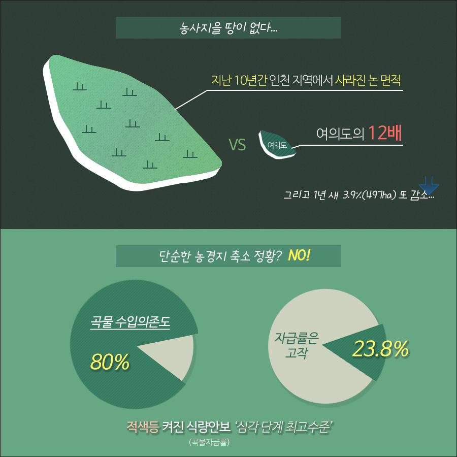 농사지을 땅도 없다. 인천지역에서는 여의도 크기의 12배의 논이 사라지기도 했다. 단순한 농경지 축소가 문제가 아니라 곡물자급률이 심각 단계에 이르렀다.