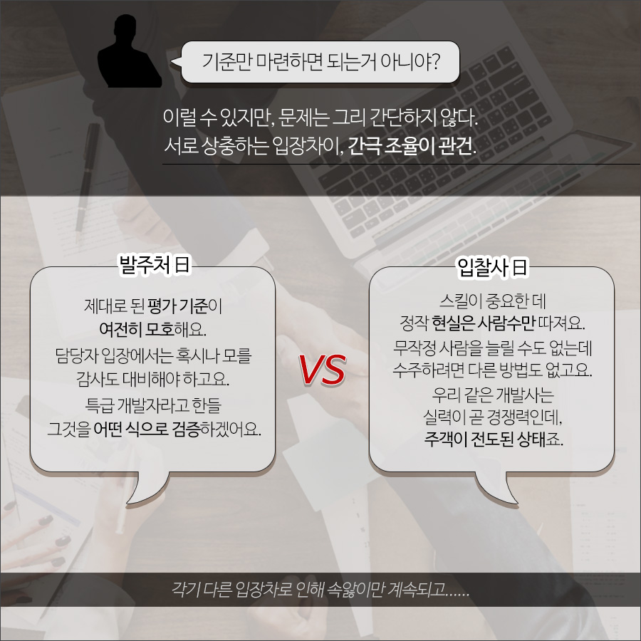 기준만 마련하면 되는 거 아니야? 라고 생각할 수 있지만, 문제는 그리 간단하지 않다. 발주처와 입찰사의 상충하는 입장차이를 조율하는 것이 관건이다.