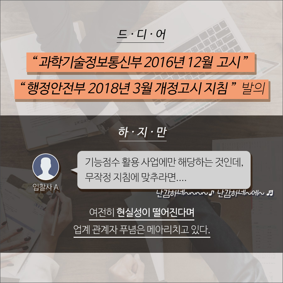 2016년 12월 과학기술정보통신부 고시, 2018년 3월 행정안전부 개정고시 지침 발의되었지만 업계 관계자는 여전히 현실성이 떨어진다고 여기고 있다.