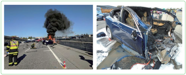 그림 2 사고 직후 테슬라 차량 화재 모습(좌)과 화재가 진압된 이후 차량 모습(우)