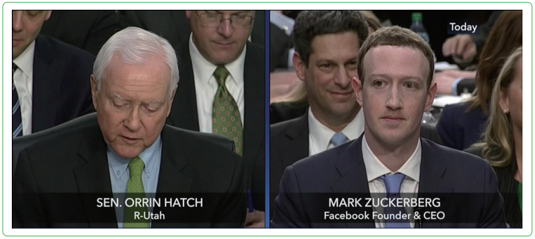 그림 3 청문회에서 질의 응답하는 오린 해치 상원의원과 마크 저커버그 페이스북 CEO