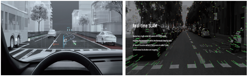 그림 6 WayRay (좌)가상물체를 보여주는 차량용 HUD, (우)실시간 SLAM 기술