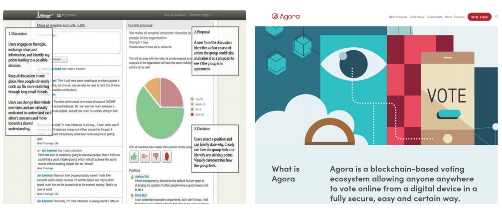 그림 1 협업 의사결정 플랫폼 루미오(Loomio)와 투표 민주주의 기술 아고라(Agora)