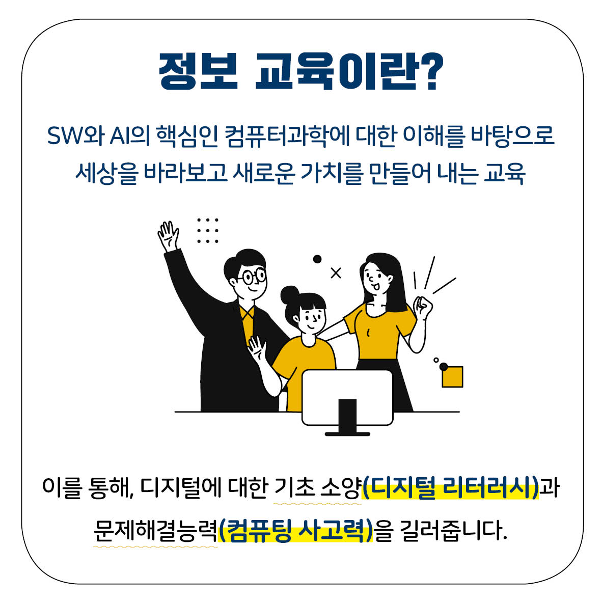 정보 교육이란? SW와 AI의 핵심인 컴퓨터과학에 대한 이해를 바탕으로 세상을 바라보고 새로운 가치를 만들어 내는 교육 이를 통해, 디지털에 대한 기초 소양(디지털 리터러시)과문제해결능력(컴퓨팅 사고력)을 길러줍니다.