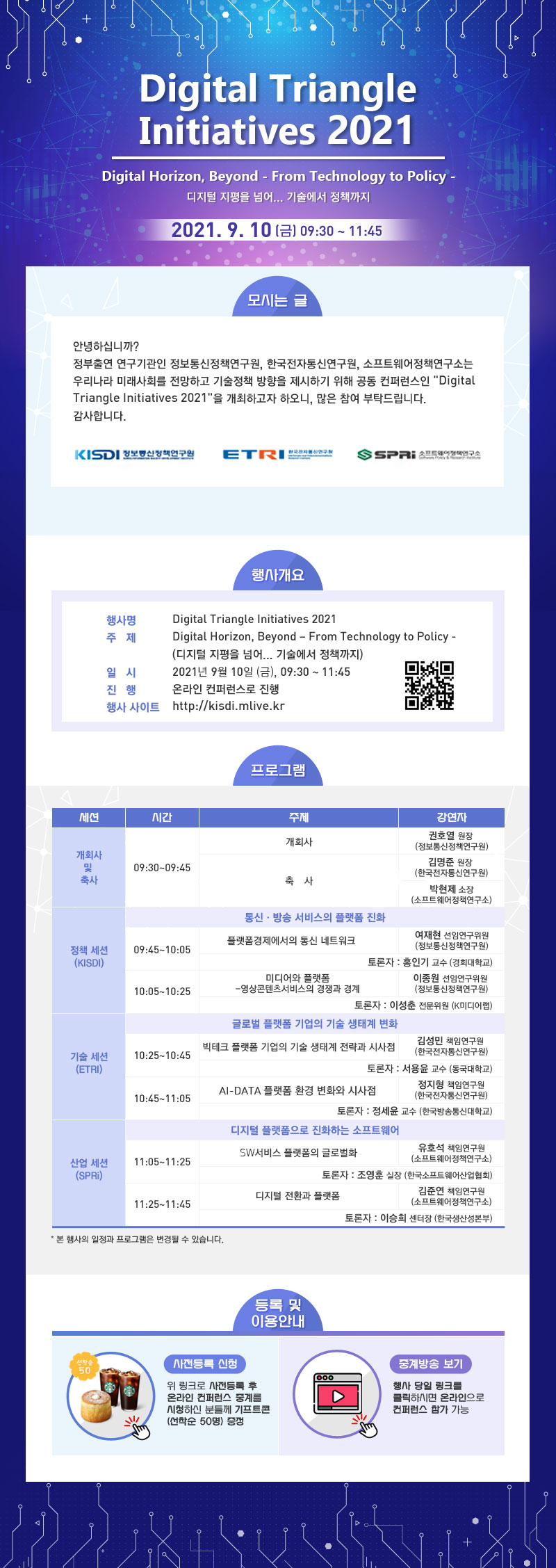 DIGITAL Triangle Initiatives 2021- Digital Horizon, Beyond- From Technology to Policy- 디지털 지평을 넘어... 기술에서 정책까지. 2021. 9. 10(금) 09:30~11:45 / 모시는 글 - 안녕하십니까? 정부출연 연구기관인 정보통신정책연구원, 한국전자통신연구원, 소프트웨어정책연구소는 우리나라 미래사회를 전망하고 기술정책 방향을 제시하기 위해 공동 컨퍼런스인 Digital Triangle Initiatives 2021을 개최하고자 하오니, 많은 참여부탁드립니다. 감사합니다. KISDI정보통신정책연구원, ETRI한국전자통신연구원, SPRi소프트웨어정책연구소 / 행사개요 - 행사명: Digital Triangle Initiatives 2021. 주제: Ditial Horizon, Beyond-From Technology to Policiy-(디지털 지평을 넘어.. 기술에서 정책까지). 일시: 2021년 9월 10일(금), 09:30~11:45. 진행: 온라인컨퍼런스로 진행. 행사사이트:http://kisdi.mlive.kr / 프로그램 - 1. 개회사 및 축사(09:30~09:45) 개회사 강연자: 권호열 원장(정보통신정책연구원)/ 축사 강연자: 김명준 원장(한국전자통신연구원), 박현제 소장(소프트웨어정책연구소). 2. 정책세션(KISDI) 주제: 통신·방송 서비스의 플랫폼 진화. 09:45~10:05 플랫폼경제의 통신 네트워크 강연자: 여재현 선임연구원(정보통신정책연구원) 토론자:홍인기 교수(경희대학교). 10:05~10:25 미디어와 플랫폼-영상콘텐츠서비스의 경쟁과 경계. 강연자: 이종원 선임연구위원(정보통신정책연구원), 토론자: 이성춘 전문위원(K미디어랩) . 3.기술세션(ETRI) 주제: 글로벌 플랫폼 기업의 기술 생태계 변화. 10:25~10:45 빅테크 플랫폼 기업의 기술생태계 전략과 시사점. 강연자:김성민 책임연구원(한국전자통신연구원), 토론자: 서용윤 교수(동국대학교). 10:45~11:05 AI-DATA 플랫폼 환경 변화와 시사점. 강연자: 정지형 책임연구원(한국전자통신연구원), 토란자:정세윤 교수(한국방송통신대학교). 4.산업세션(SPRi) 주제: 디지털 플랫폼으로 진화하는 소프트웨어 11:05~11:25 SW서비스 플랫폼의 글로벌화 강연자:유호석 책임연구원(소프트웨어정책연구소), 토론자: 조영훈 실장(한국소프트웨어산업협회). 11:25~11:45 디지털 전환과 플랫폼 강연자:김준연 책임연구원(소프트웨어정책연구소), 토론자:이승희 센터장(한국생산성본부) * 본 행사의 일정과 프로그램은 변경될 수 있습니다. / 등록 및 이용안내 - 사전듵록신청: 위 링크로 사전등록 후 온라인 컨퍼런스 중계를 시청하신 분들께 기프트콘(선착순50명)증정, 중계방송보기: 행사 당일 링크를 클릭하시면 온라인으로 컨퍼런스 참가 가능 