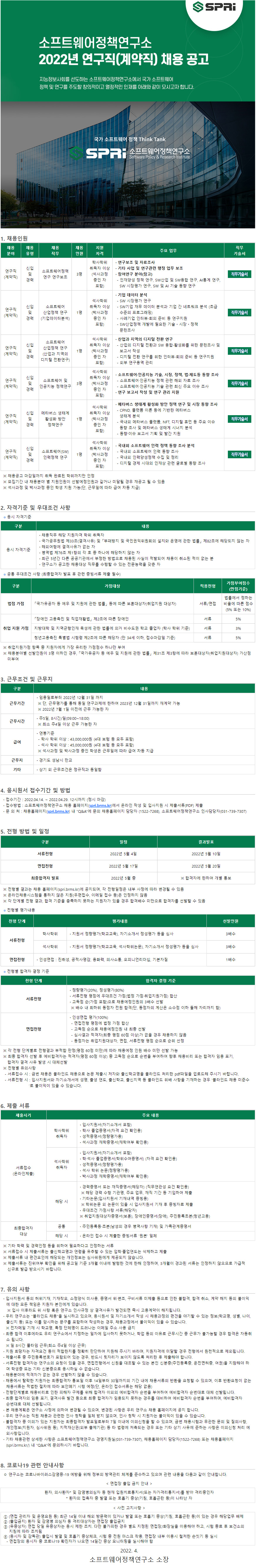 소프트웨어정책연구소 2022년 연구직(계약직) 채용 공고