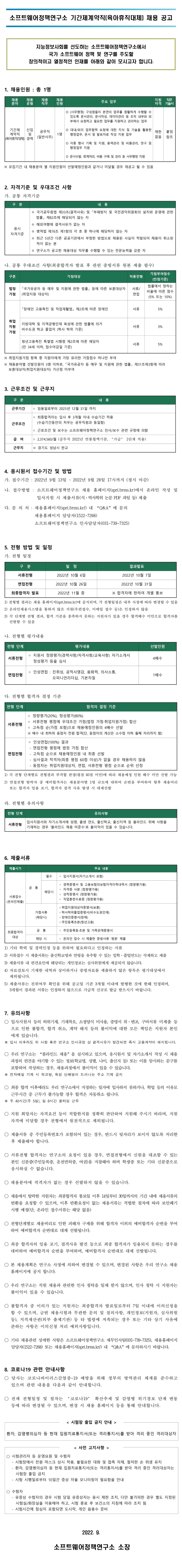 소프트웨어정책연구소 기간제계약직(육아휴직대체) 채용 공고